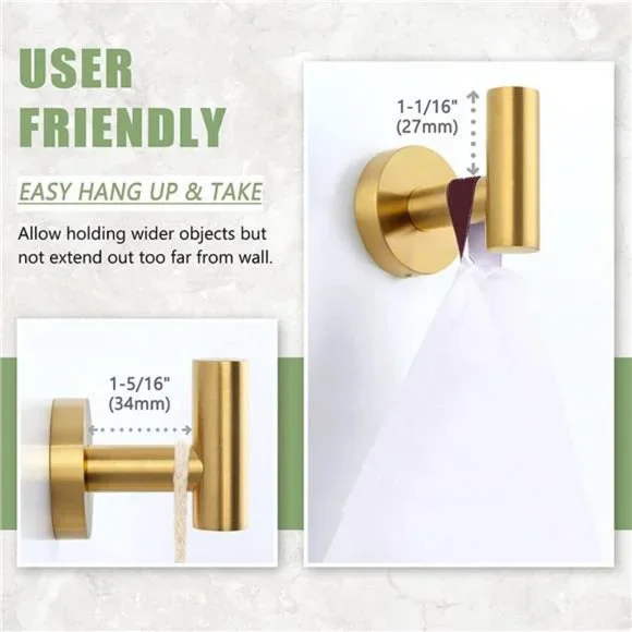 Towel Hook 2 PCS, Stainless Steel Bath Towel Robe Coat Holder, Brushed Gold